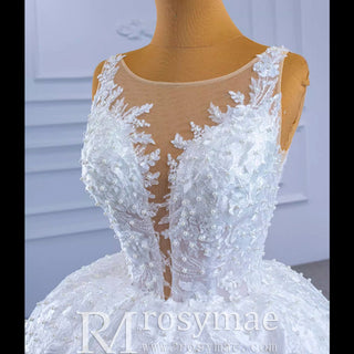 Lace Appliqued Satin Wedding Dress Ball Gown Puffy Bridal Gown - Rosymae