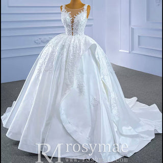 Lace Appliqued Satin Wedding Dress Ball Gown Puffy Bridal Gown - Rosymae