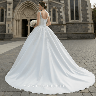 Lace Appliqued Satin Wedding Dress Ball Gown Puffy Bridal Gown - Rosymae
