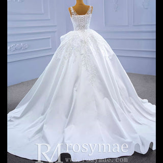 Lace Appliqued Satin Wedding Dress Ball Gown Puffy Bridal Gown - Rosymae