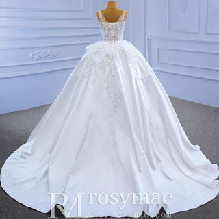 Lace Appliqued Satin Wedding Dress Ball Gown Puffy Bridal Gown - Rosymae