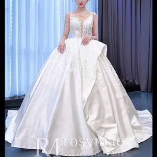 Lace Appliqued Satin Wedding Dress Ball Gown Puffy Bridal Gown - Rosymae