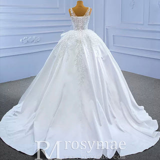 Lace Appliqued Satin Wedding Dress Ball Gown Puffy Bridal Gown - Rosymae