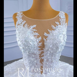 Lace Appliqued Satin Wedding Dress Ball Gown Puffy Bridal Gown - Rosymae