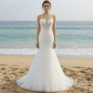Lace Appliques Sheer Back Mermaid Wedding Dress - Rosymae