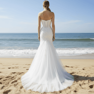 Lace Appliques Sheer Back Mermaid Wedding Dress - Rosymae