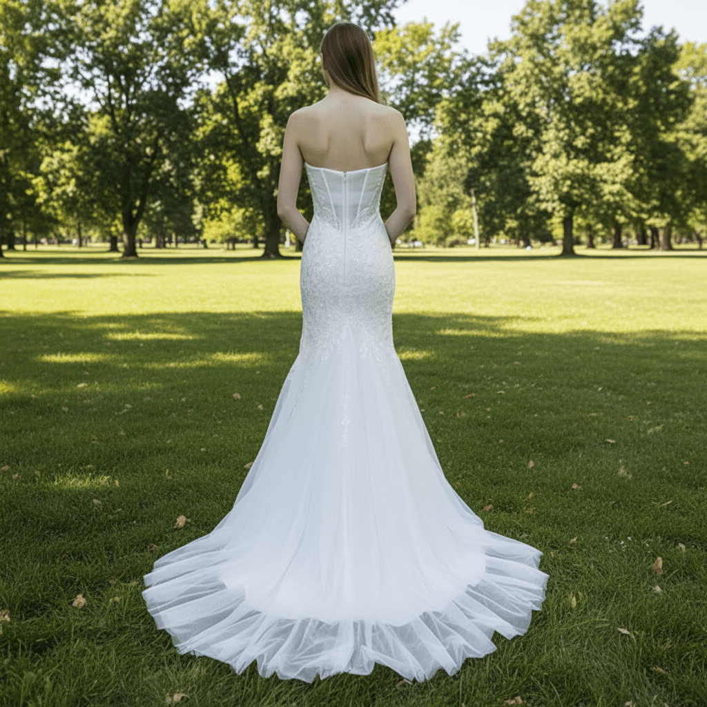 Lace Appliques Sheer Back Mermaid Wedding Dress - Rosymae