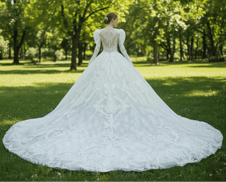 Lace Ball Gown Lace Wedding Dresses with Long Puffy Sleeves - Rosymae