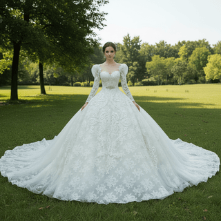 Lace Ball Gown Lace Wedding Dresses with Long Puffy Sleeves - Rosymae