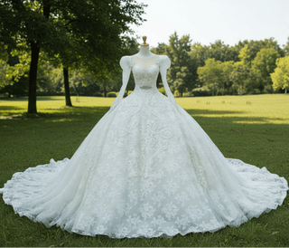 Lace Ball Gown Lace Wedding Dresses with Long Puffy Sleeves - Rosymae