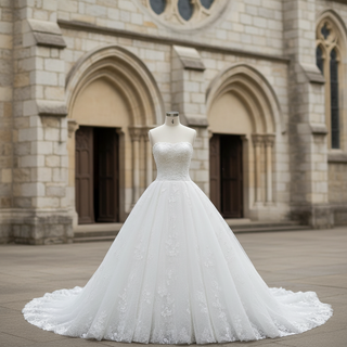 Classic Ball Gown Floral Lace Wedding Dress with Boat Neckline