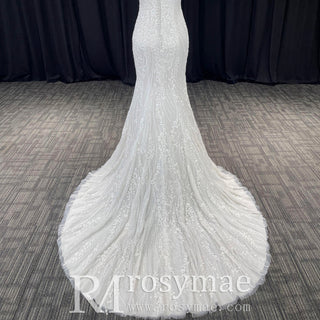 Deep V-Neck Glitter Lace Mermaid Wedding Dresses with Open Back