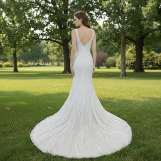 Deep V-Neck Glitter Lace Mermaid Wedding Dresses with Open Back