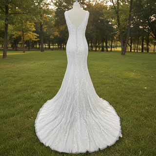 Deep V-Neck Glitter Lace Mermaid Wedding Dresses with Open Back