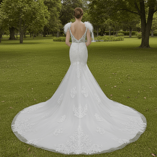 Lace Fit Flare Sheer Bodice Low Back Wedding Dress with Puffy Sleeve - Rosymae
