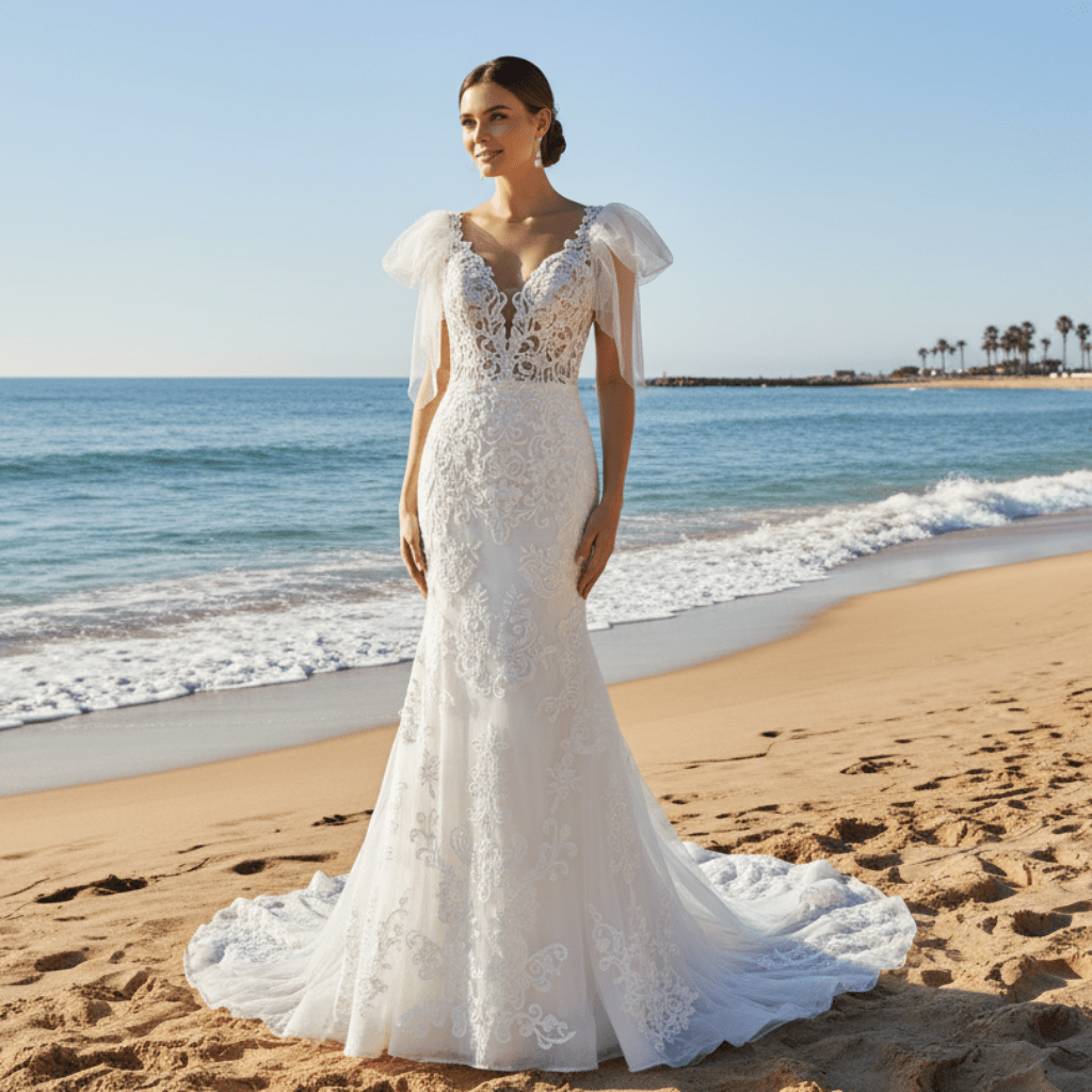 Lace Fit Flare Sheer Bodice Low Back Wedding Dress with Puffy Sleeve - Rosymae