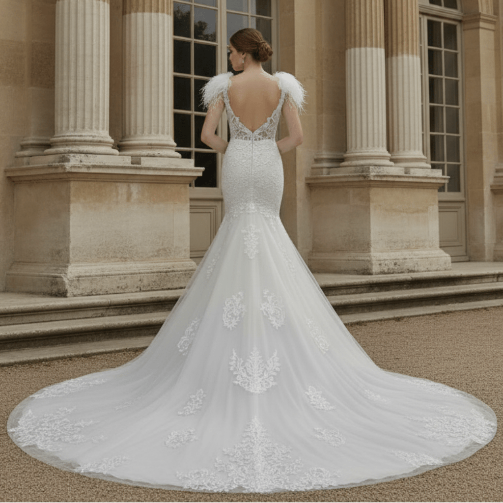 Lace Fit Flare Sheer Bodice Low Back Wedding Dress with Puffy Sleeve - Rosymae
