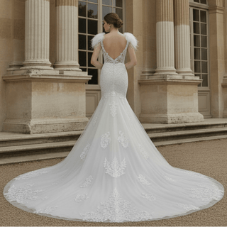 Lace Fit Flare Sheer Bodice Low Back Wedding Dress with Puffy Sleeve - Rosymae