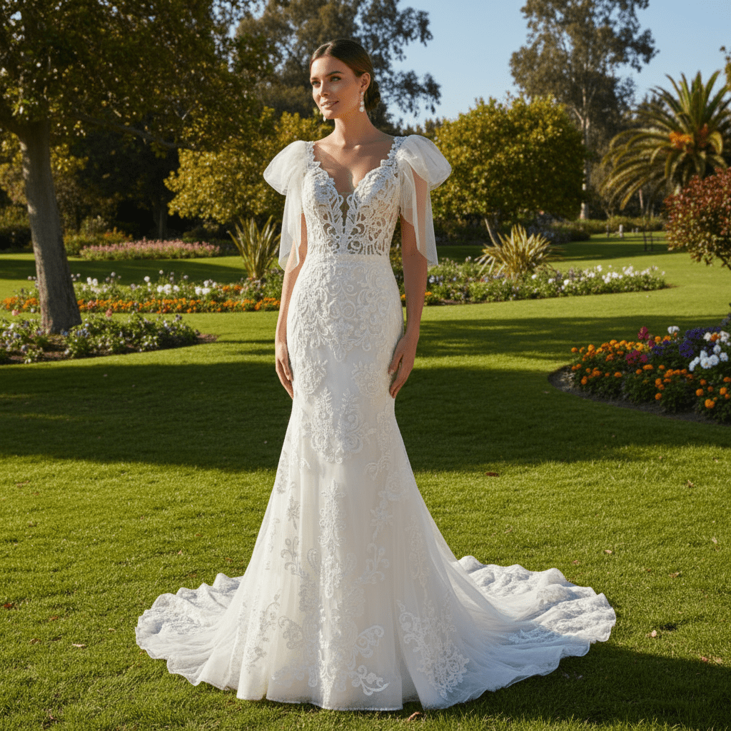Lace Fit Flare Sheer Bodice Low Back Wedding Dress with Puffy Sleeve - Rosymae