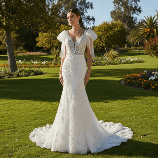 Lace Fit Flare Sheer Bodice Low Back Wedding Dress with Puffy Sleeve - Rosymae