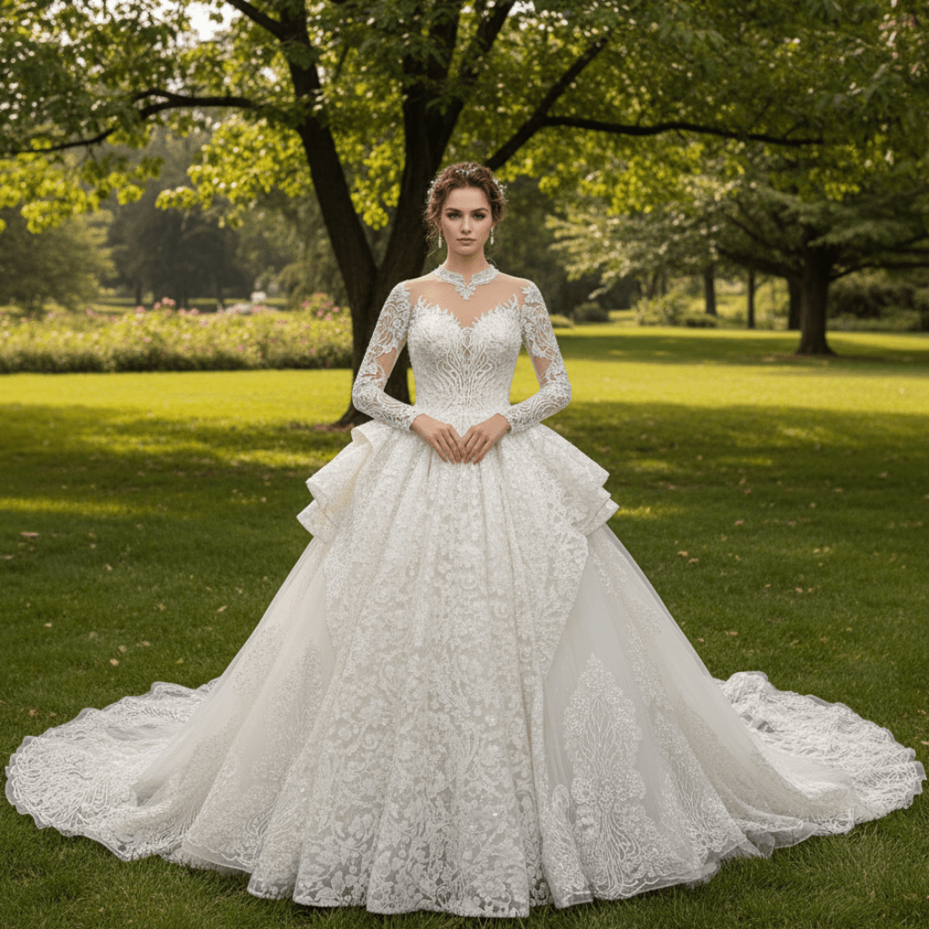 Lace Long Sleeves High Neck Ball Gown Wedding Dress - Rosymae