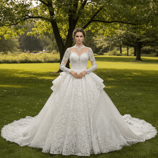 Lace Long Sleeves High Neck Ball Gown Wedding Dress - Rosymae