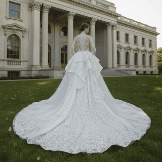 Lace Long Sleeves High Neck Ball Gown Wedding Dress - Rosymae