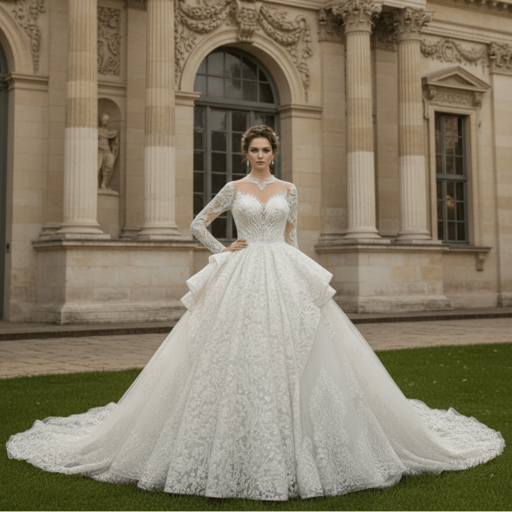 Lace Long Sleeves High Neck Ball Gown Wedding Dress - Rosymae