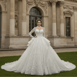 Lace Long Sleeves High Neck Ball Gown Wedding Dress - Rosymae
