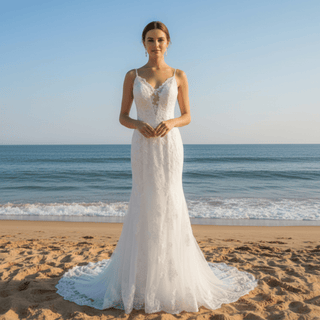 Lace Mermaid Wedding Dress with Beaded Spaghetti Straps & Sweetheart Neckline - Rosymae