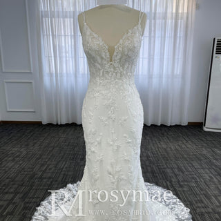 Spaghetti Strap Plunging V-neckline Lace Mermaid Wedding Dress
