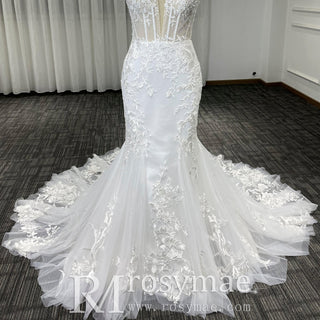 Lace Mermaid Wedding Dresses With Plunging Sweetheart Neckline - Rosymae