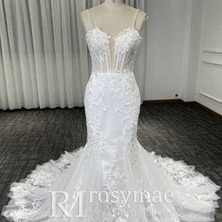 Lace Mermaid Wedding Dresses With Plunging Sweetheart Neckline - Rosymae