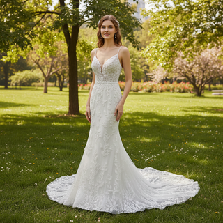 Elegant Spaghetti Strap Plunging V-neckline Lace Mermaid Wedding Dress
