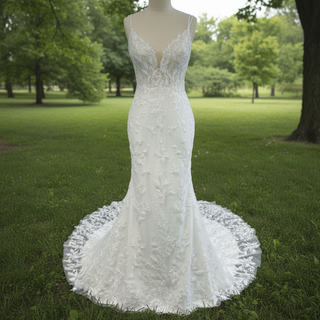 Elegant Spaghetti Strap Plunging V-neckline Lace Mermaid Wedding Dress