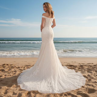 Luxury Off the Shoulder Mermaid Lace Wedding Dress with V-neck