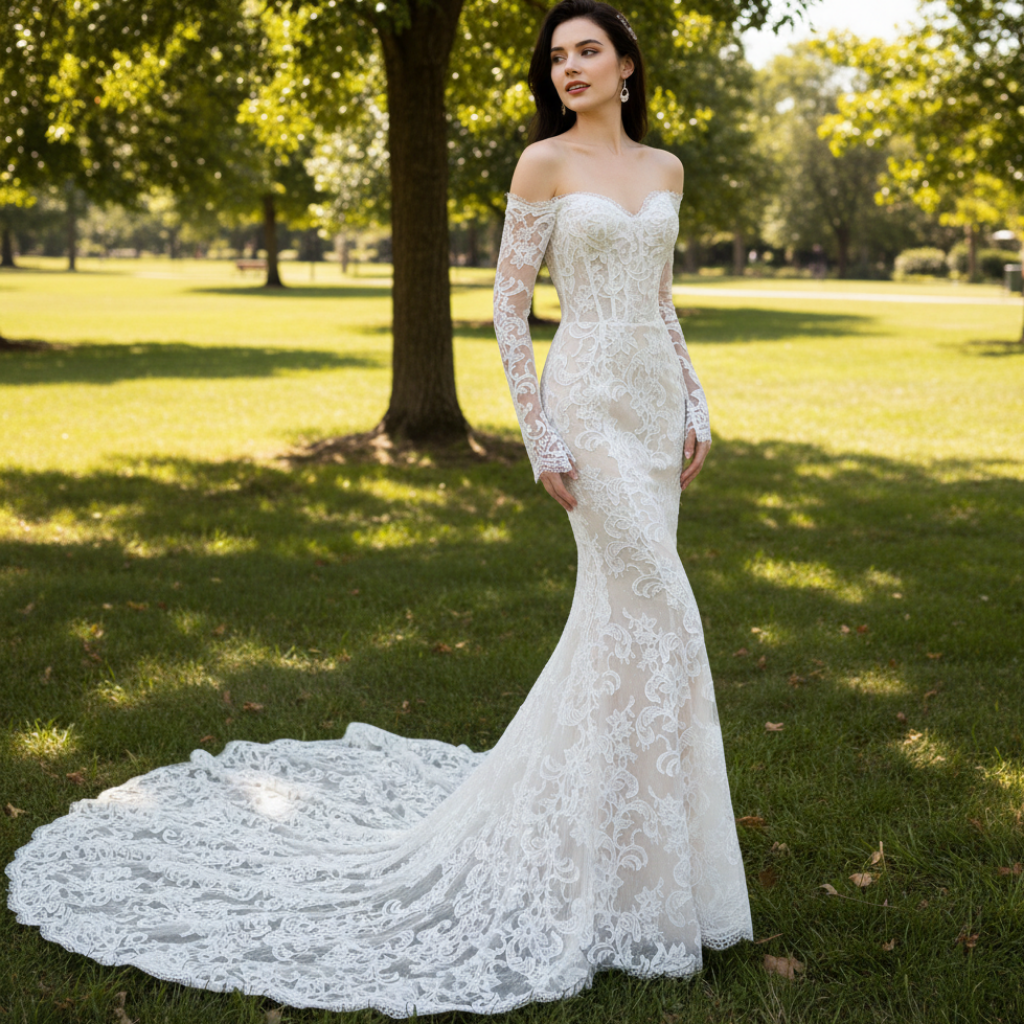 Off the Shoulder Long Sleeve Lace Overlay Wedding Dress Off the Shoulder Long Sleeve Lace Overlay Wedding Dress