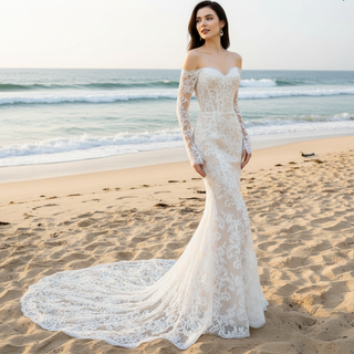Off the Shoulder Long Sleeve Lace Overlay Wedding Dress