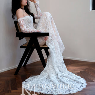 Off the Shoulder Long Sleeve Lace Overlay Wedding Dress
