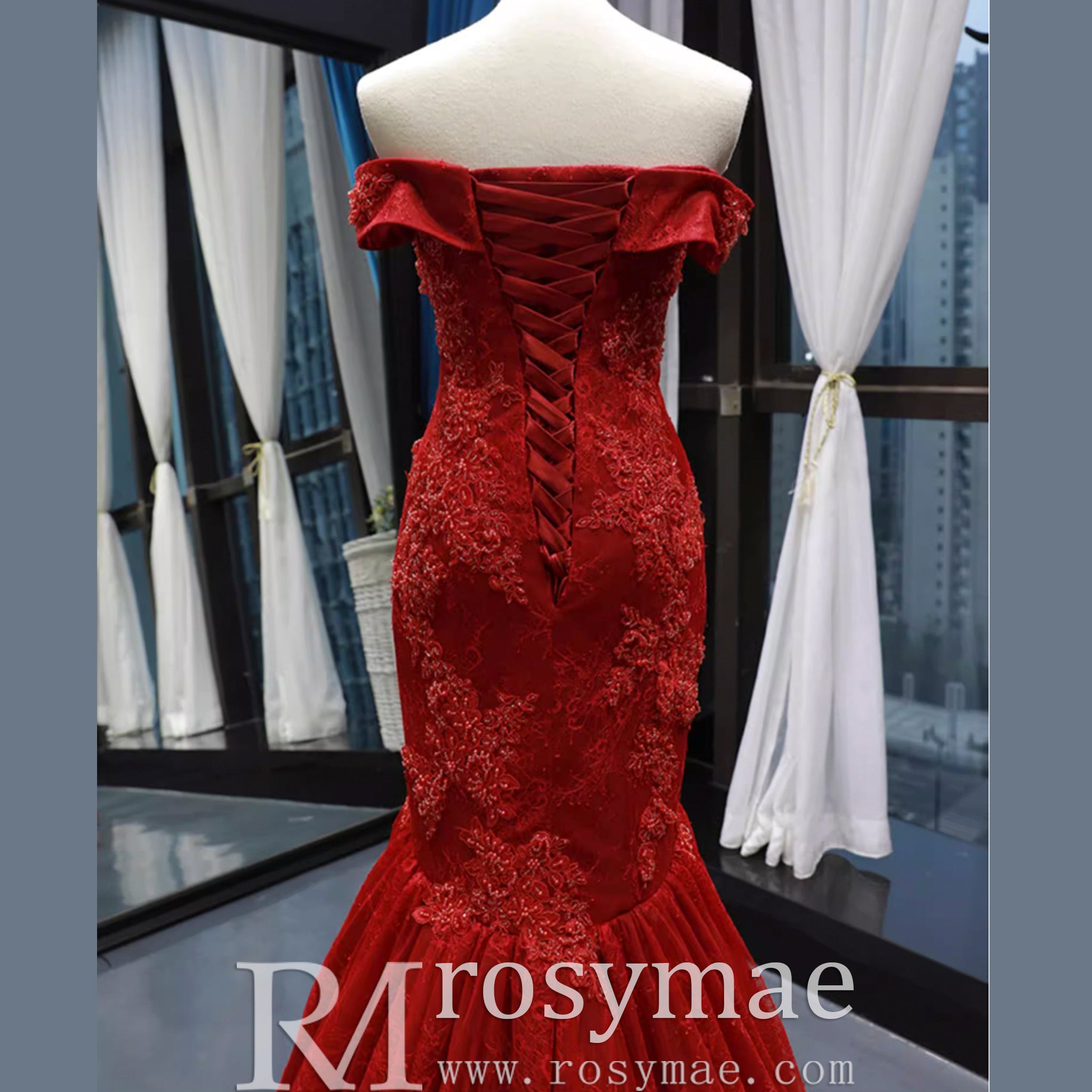 Red Mermaid Lace Prom Dress Off Shoulder Trumpet Evening Gown Red / 8 Red Mermaid Lace Prom Dress Off Shoulder Trumpet Evening Gown Red / 8