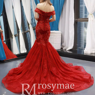 Red Mermaid Lace Prom Dress Off Shoulder Trumpet Evening Gown