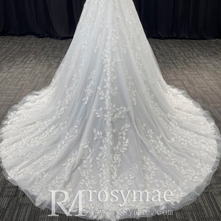 Lace Short Sleeve Wedding Dresses A Line Bridal Gowns with Deep Vneck - Rosymae