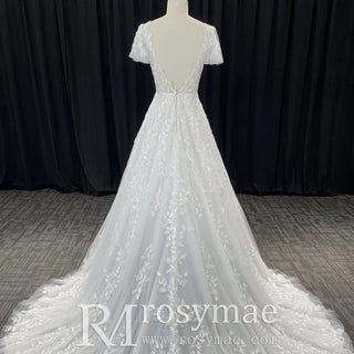 Lace Short Sleeve Wedding Dresses A Line Bridal Gowns with Deep Vneck - Rosymae