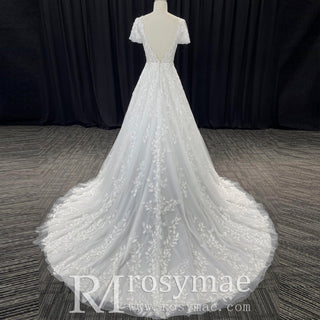 Lace Short Sleeve Wedding Dresses A Line Bridal Gowns with Deep Vneck - Rosymae