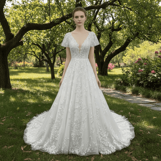 Lace Short Sleeve Wedding Dresses A Line Bridal Gowns with Deep Vneck - Rosymae
