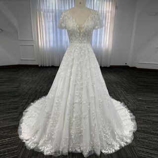 Lace Short Sleeve Wedding Dresses A Line Bridal Gowns with Deep Vneck - Rosymae