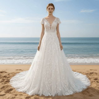 Lace Short Sleeve Wedding Dresses A Line Bridal Gowns with Deep Vneck - Rosymae