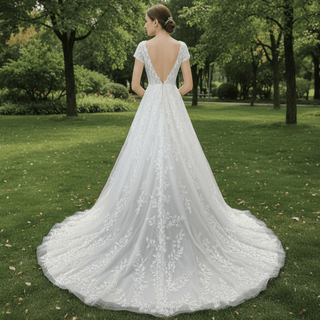 Lace Short Sleeve Wedding Dresses A Line Bridal Gowns with Deep Vneck - Rosymae
