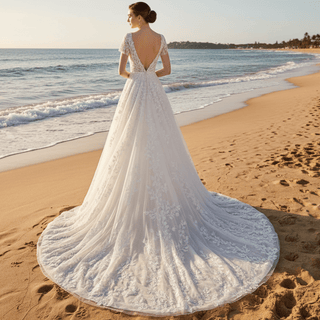 Lace Short Sleeve Wedding Dresses A Line Bridal Gowns with Deep Vneck - Rosymae