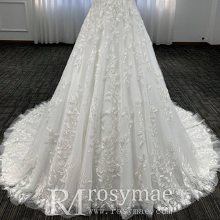 Lace Short Sleeve Wedding Dresses A Line Bridal Gowns with Deep Vneck - Rosymae